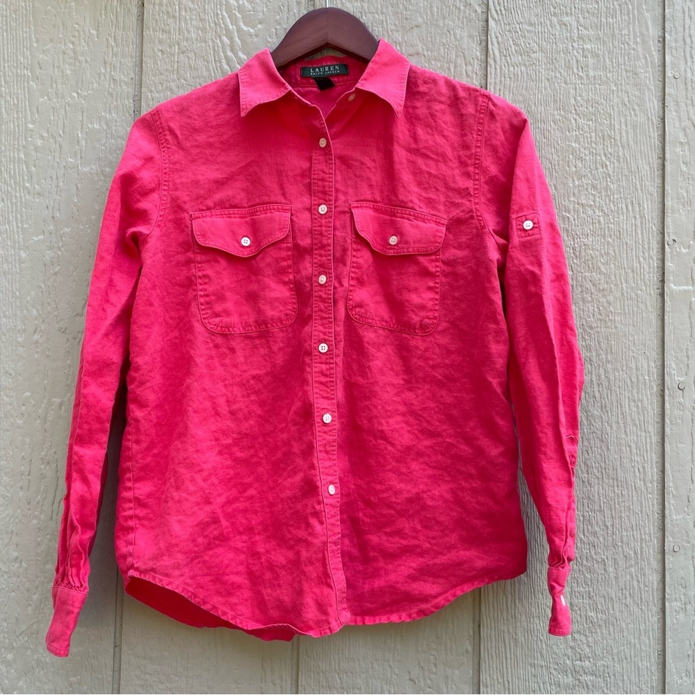 Lauren Ralph Lauren shirt womens M Red 100% Linen collared roll tap sleeve Comfy